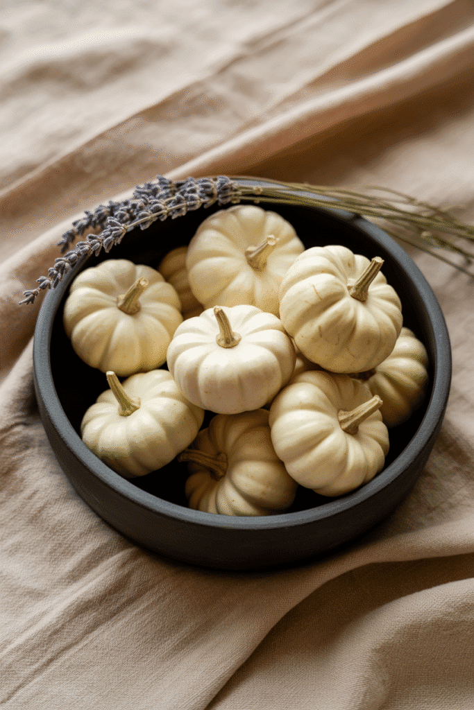 Minimalist fall centerpiece with black bowl and white pumpkins.