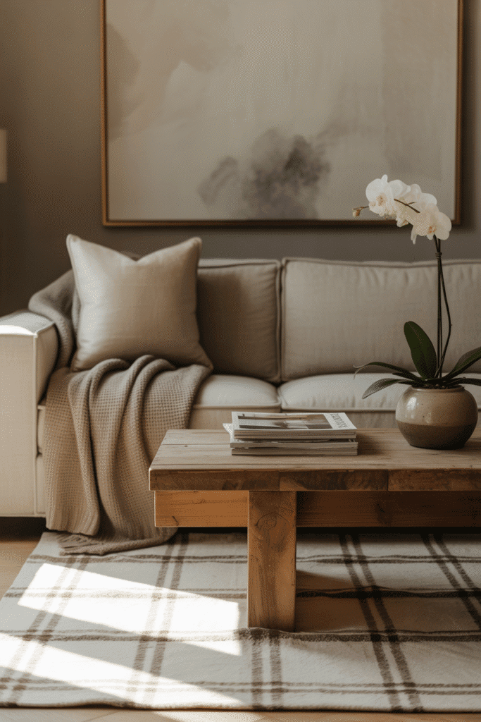 Neutral plaid rug adding fall texture to a cozy living room.