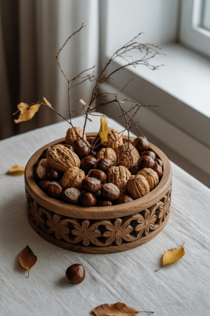 Rustic fall centerpiece with tray of chestnuts and twigs.