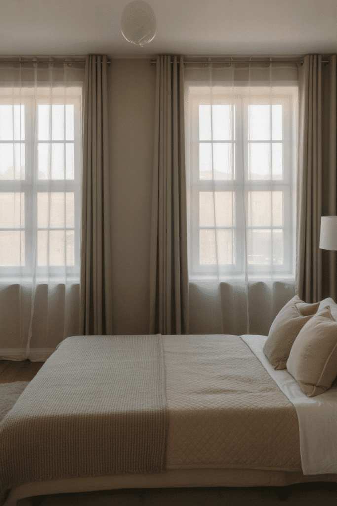 Layered window treatments on both windows provide light control and add elegant texture.