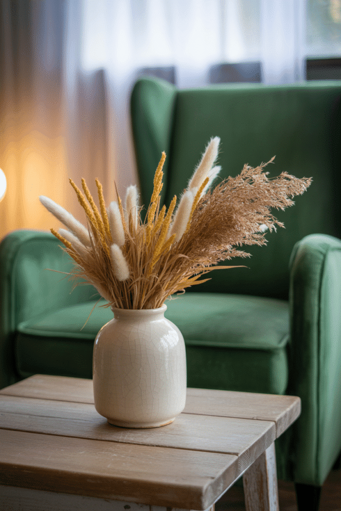 Dried floral arrangement in a ceramic vase for fall living room styling.