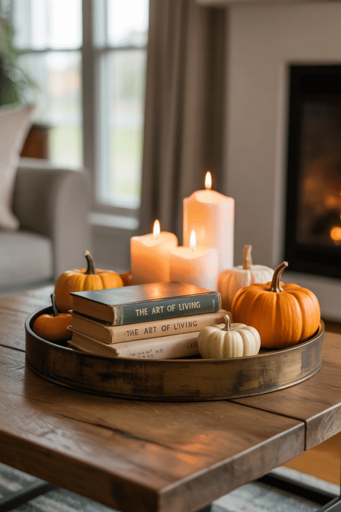 Fall-inspired coffee table tray centerpiece with seasonal decor.