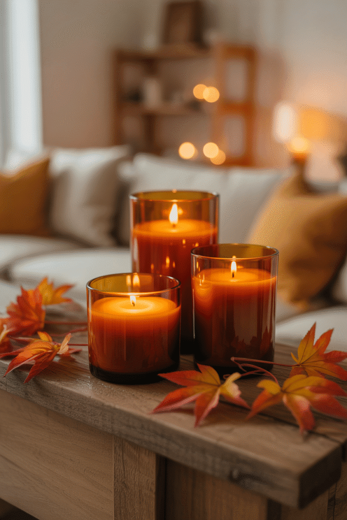 Amber candles styled as cozy fall living room decor.
