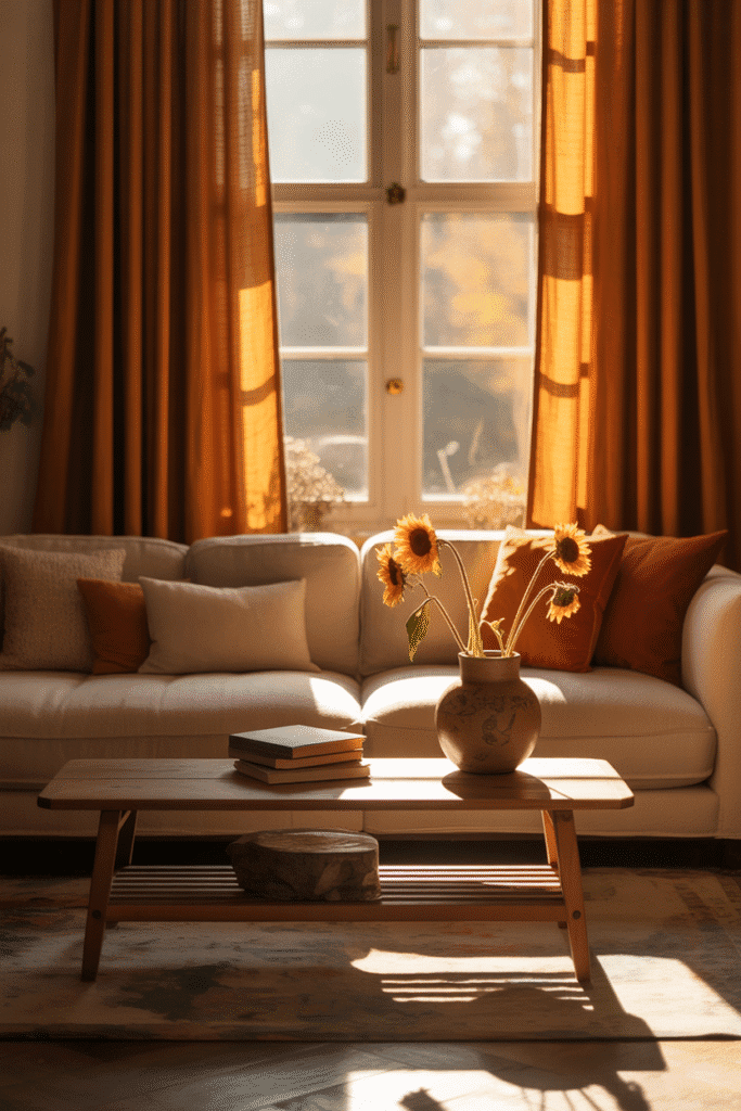 Burnt orange curtains warming up a fall-themed living room.