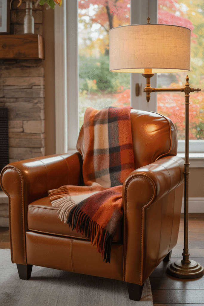 Faux leather chair as an accent piece in cozy fall decor.