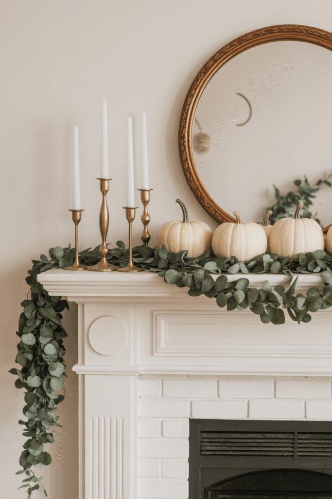 Stylish fall mantel with greenery, candles, and pumpkins.