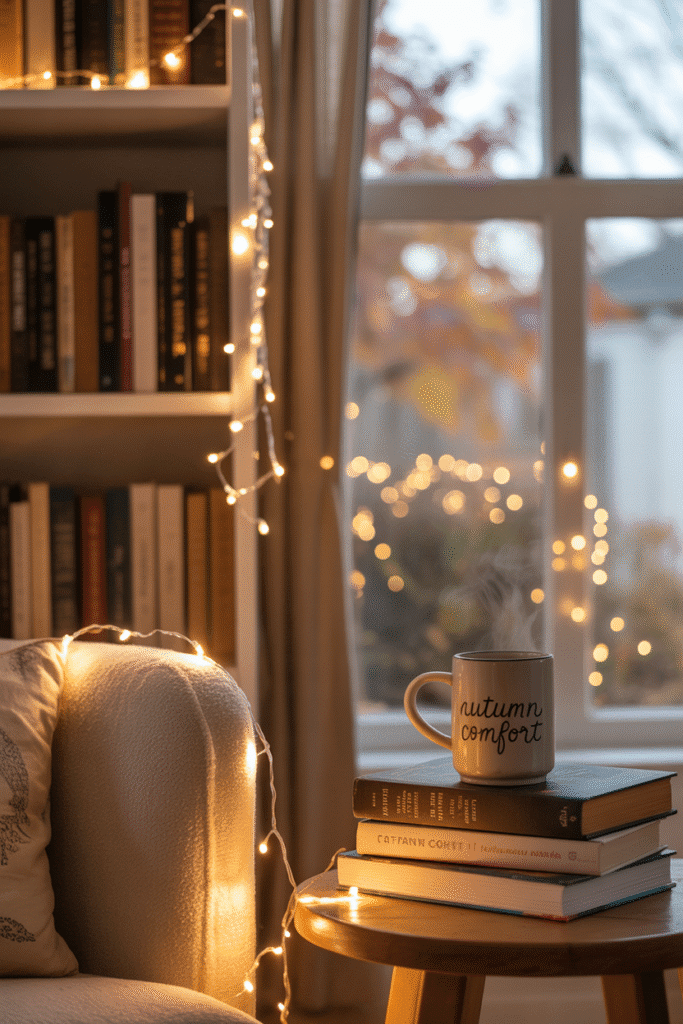 Warm string lights adding cozy ambiance to a fall living room.