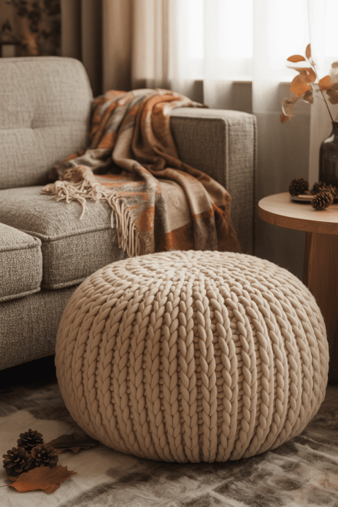 Neutral knit pouf adding softness to a cozy fall living room.