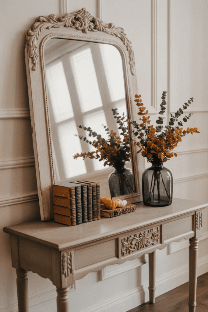 Vintage accessories styled for fall living room decor.