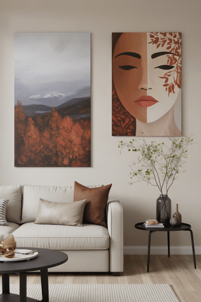 Autumn wall art bringing seasonal warmth to a modern living room.