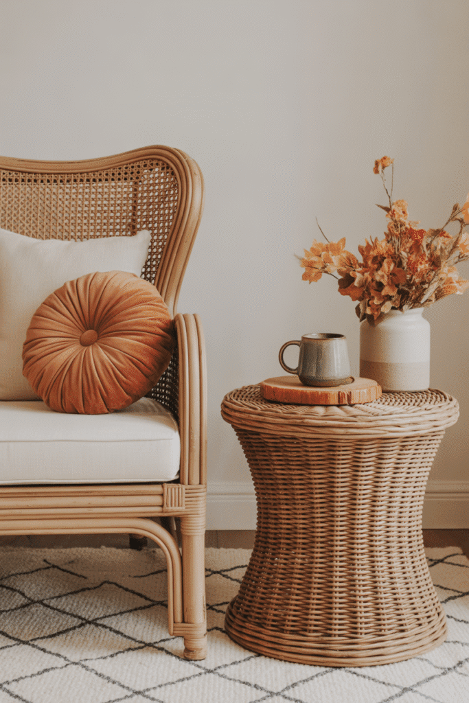 Wicker and cane textures adding warmth to fall living room decor.
