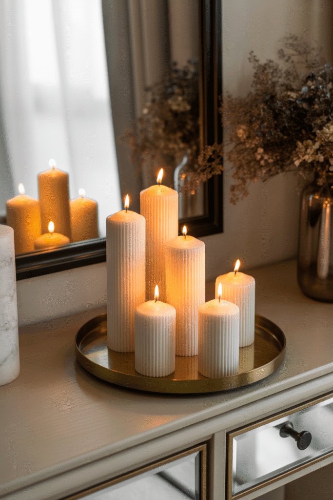 Cluster of fall candles creating ambient lighting in the living room.