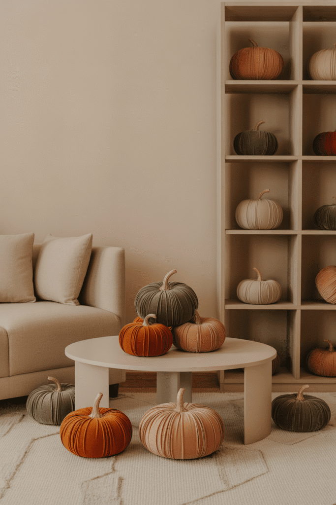 Mini velvet pumpkins styled on a cozy fall coffee table.