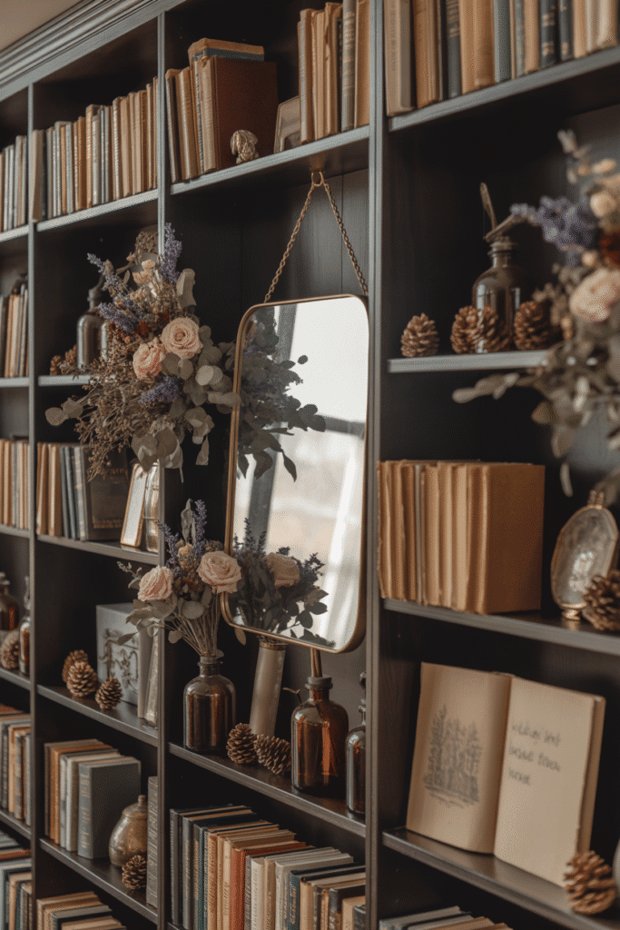 Bookshelf styling for fall with layered seasonal elements.