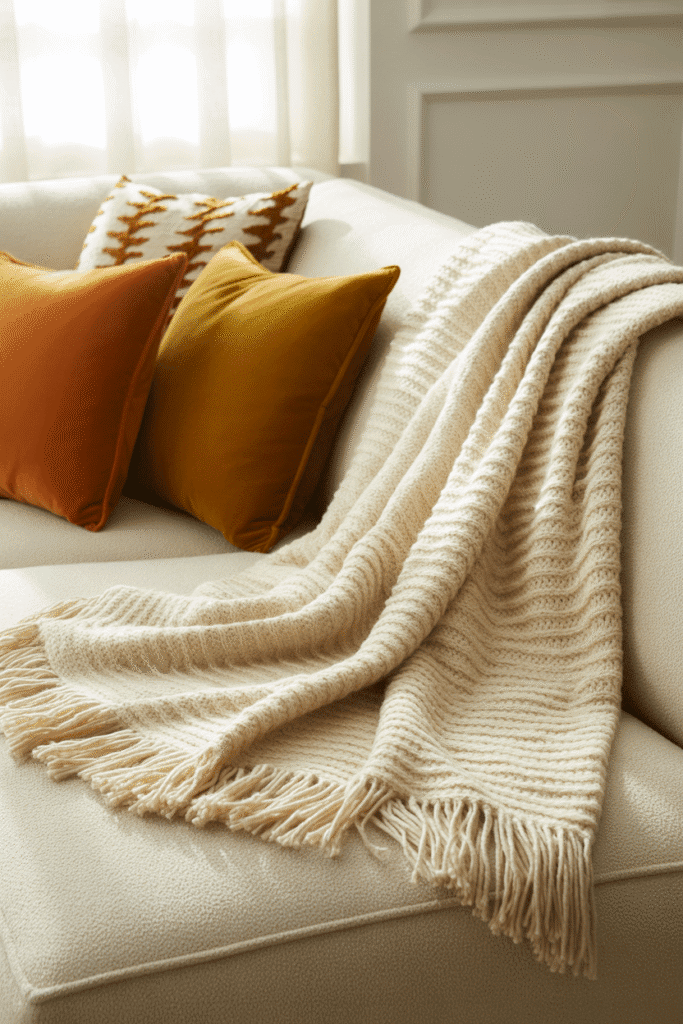 Throw blanket casually styled over a sofa for cozy fall touch.