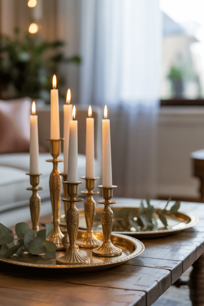 Gold and brass accents bringing elegance to fall living room decor.