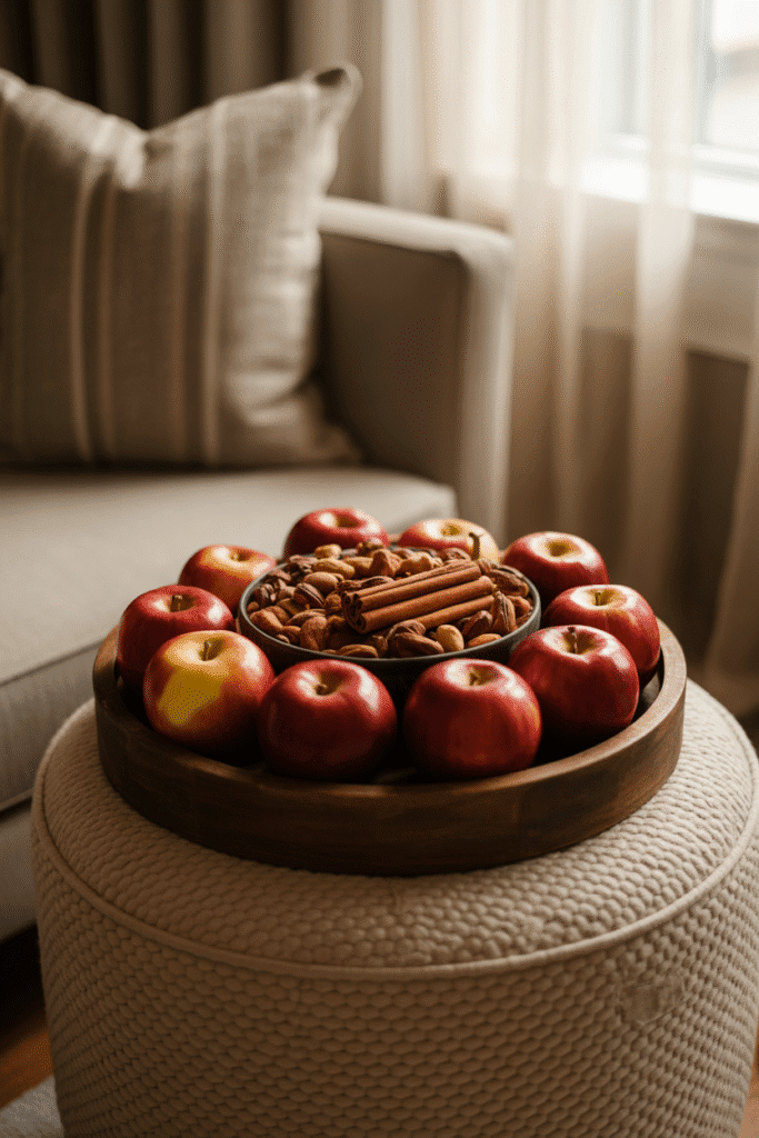 Rustic tray with fall snacks used as a functional centerpiece.