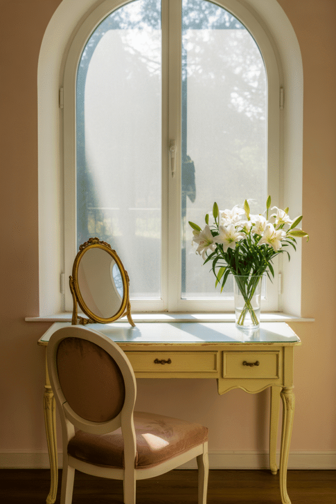 Vanity table placed under window to maximize light and function in a two-window bedroom.