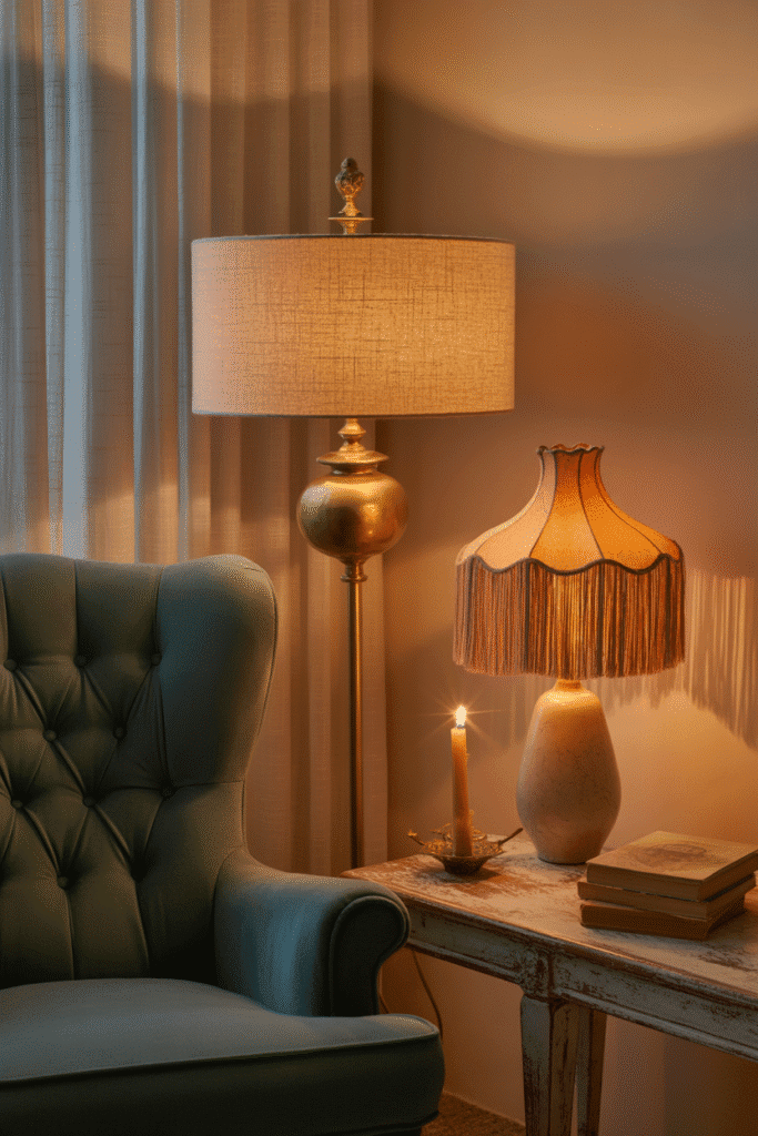 Layered lighting making a fall living room feel warm and inviting.