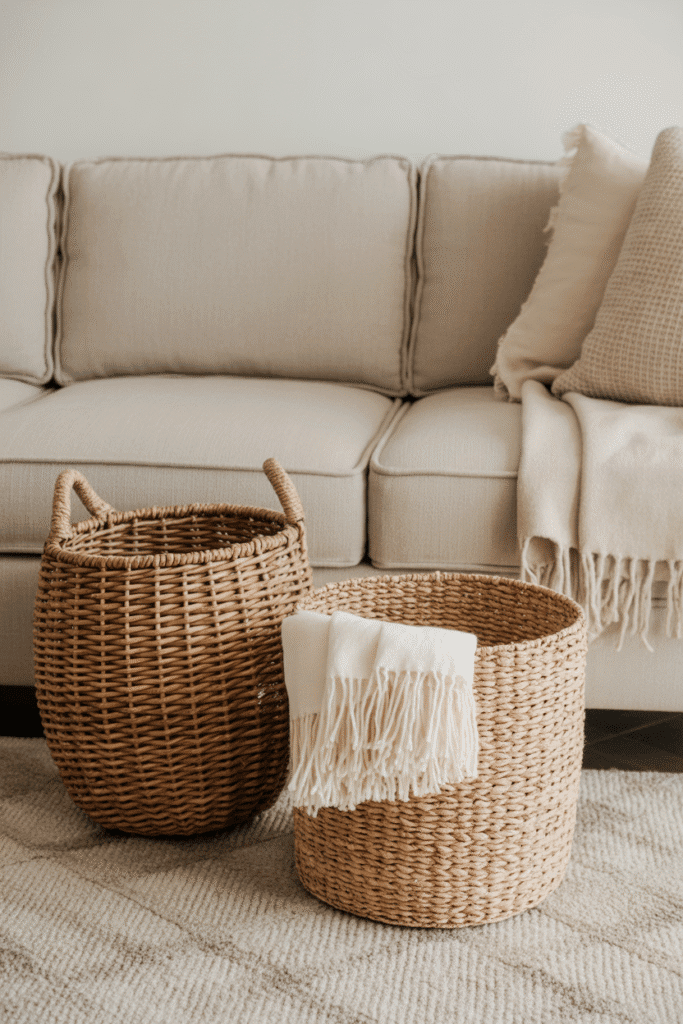 Woven baskets with textiles styled in a cozy fall living room.