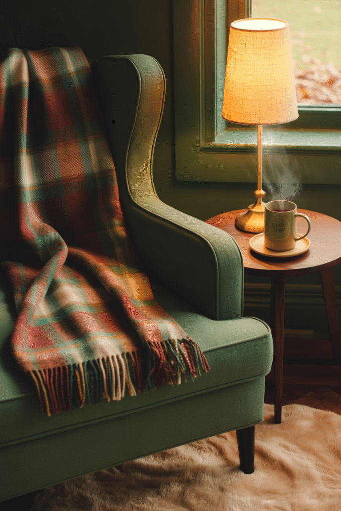 Fall-themed reading nook styled with cozy textiles and lighting.
