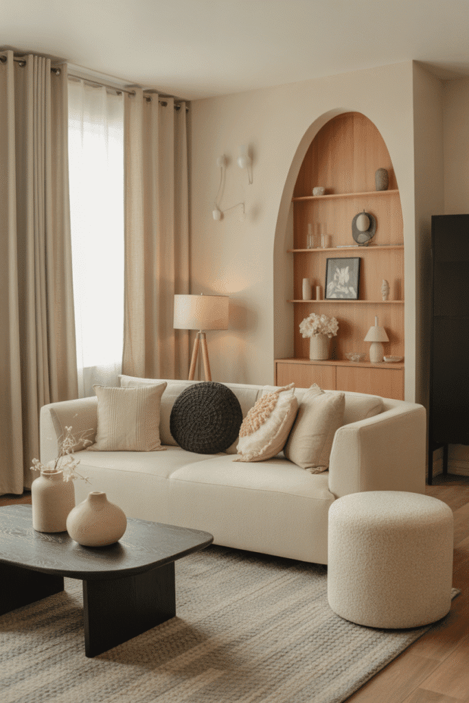 Neutral and dark tones balanced in elegant fall living room styling.
