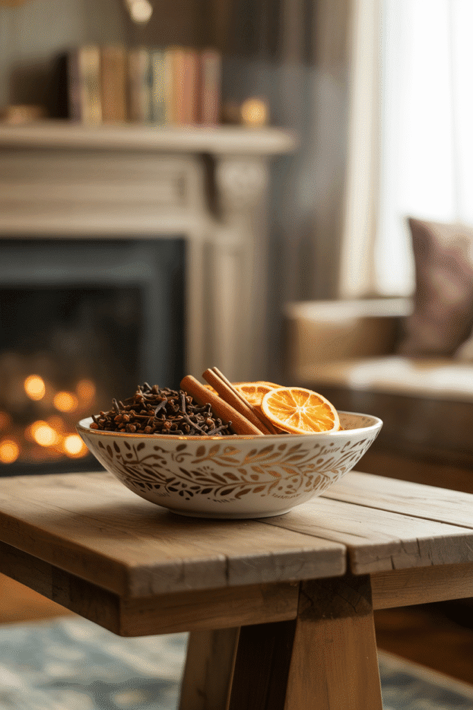 Potpourri styled for scent and texture in fall living room decor.