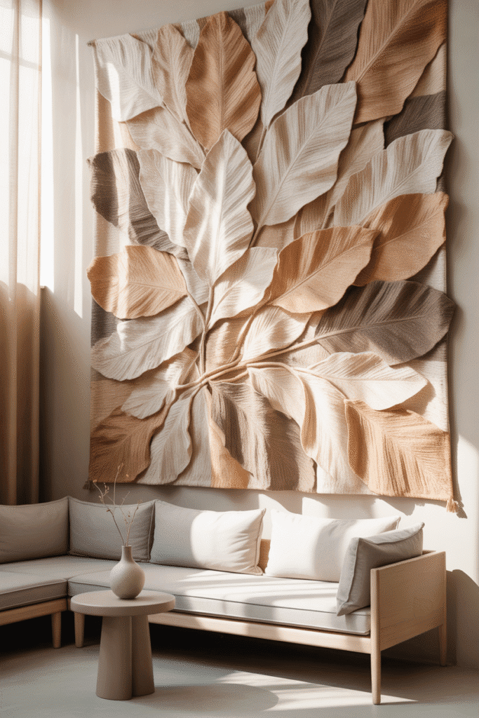 Wall hanging adding seasonal softness to a fall-themed living room.