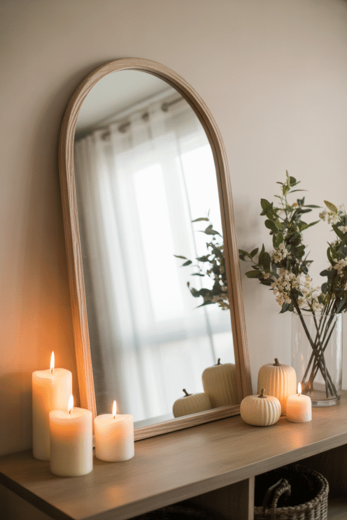 Rustic mirror leaning casually in a fall-decorated living room.