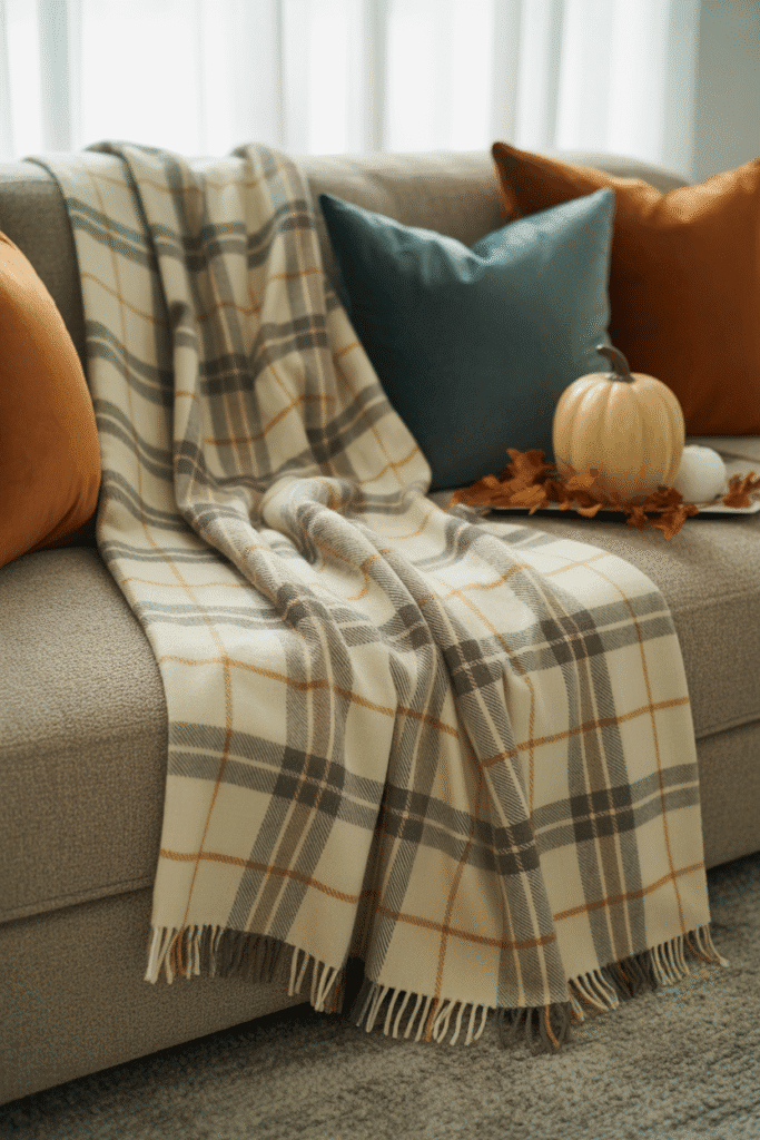Plaid throw adding texture and seasonal charm to a fall living room.
