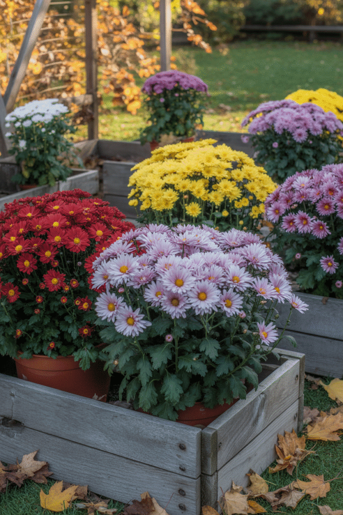 As a part of Fall Flower Garden Ideas this picture shows colorful chrysanthemums blooming in a fall garden bed surrounded by autumn leaves.


