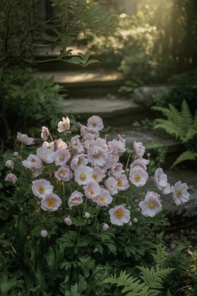 Japanese anemones with pink petals dancing in the soft fall breeze.

