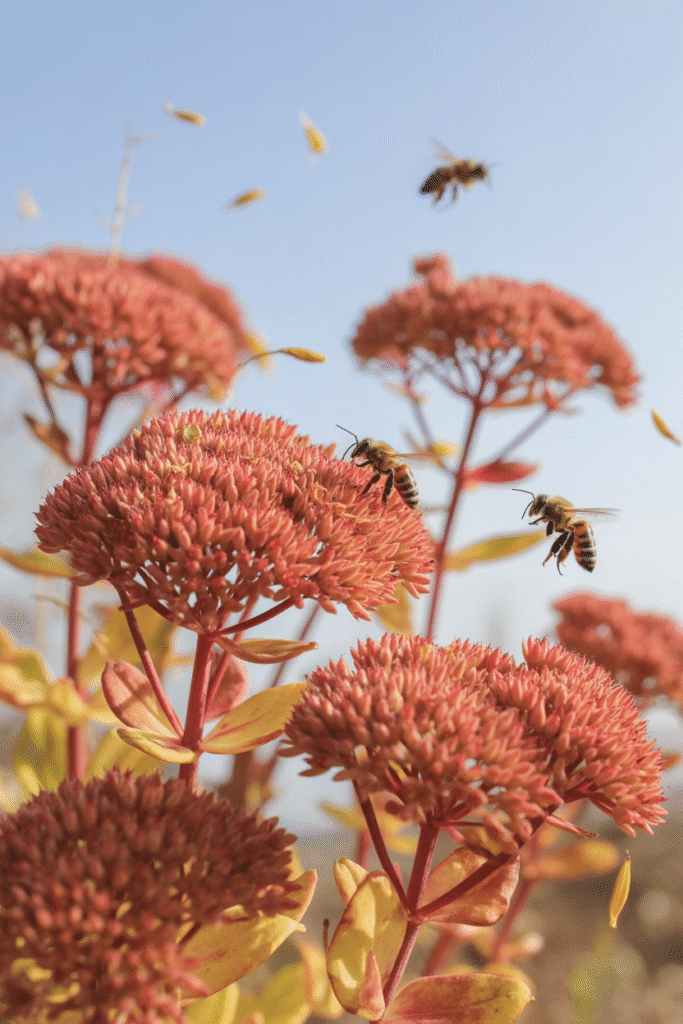 Rosy pink sedum flowers with bees collecting nectar on an autumn day.

