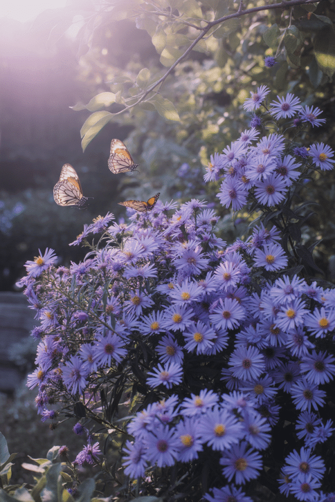 Asters in full purple bloom attracting butterflies in a fall garden.

