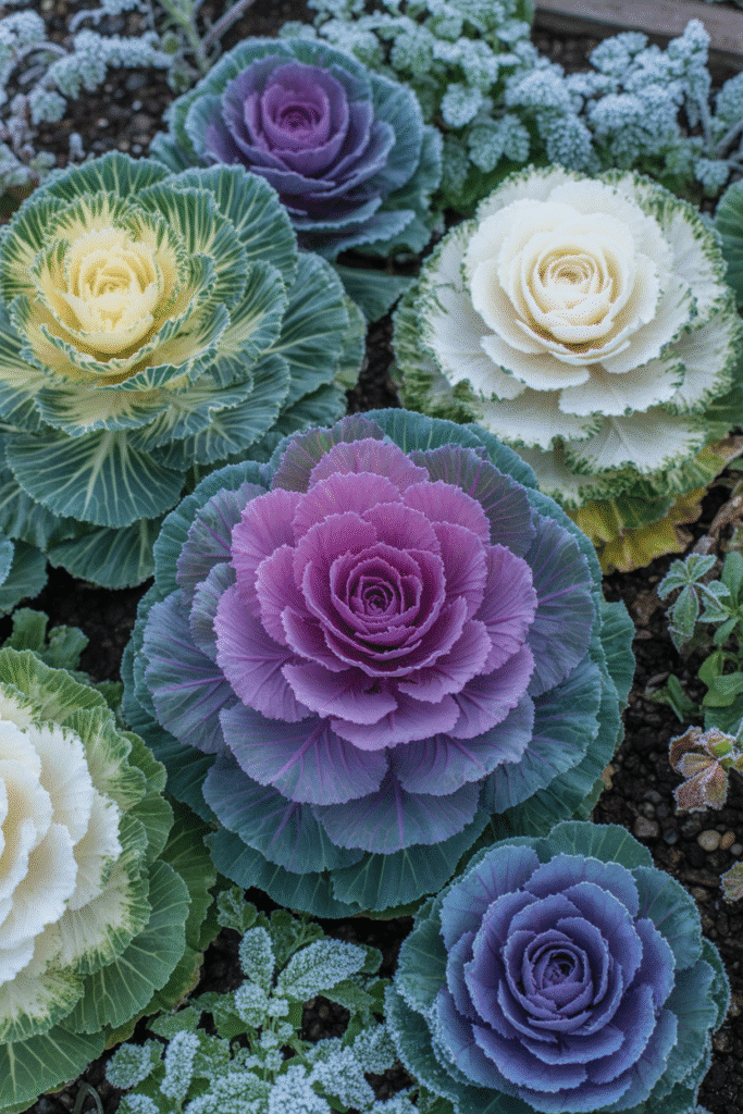  Frost-touched ornamental kale in white and purple colors adding texture to a fall garden.
