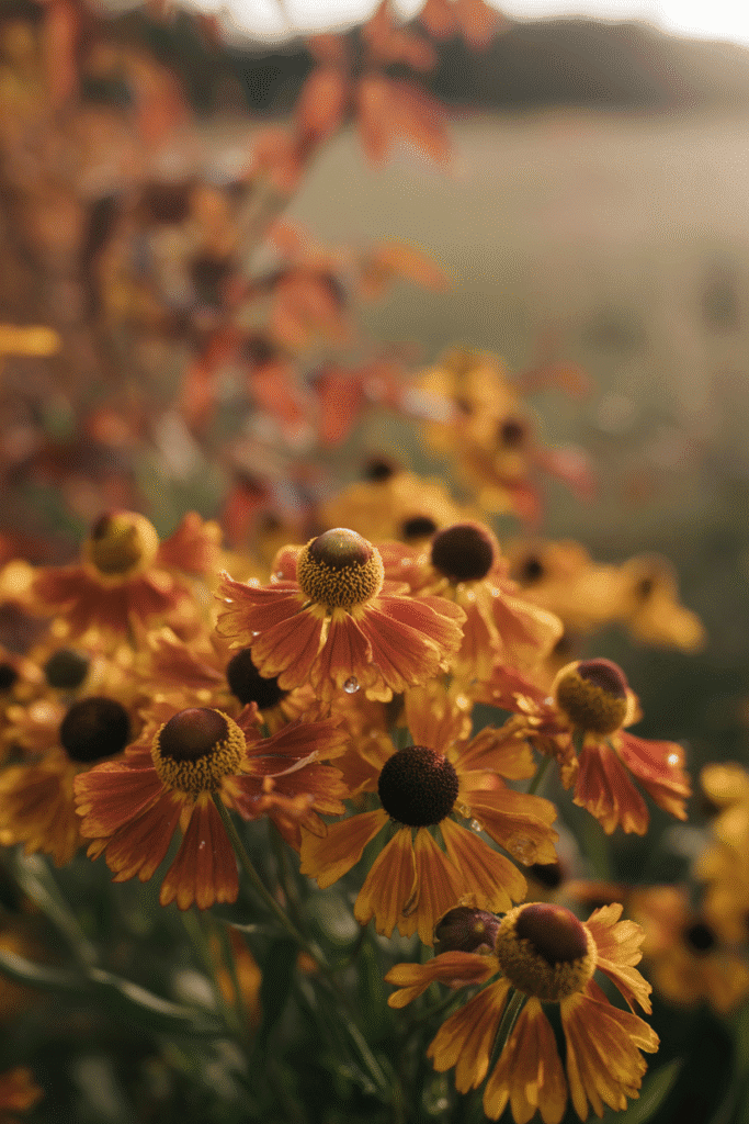 Warm-toned helenium flowers glowing in golden autumn sunlight.

