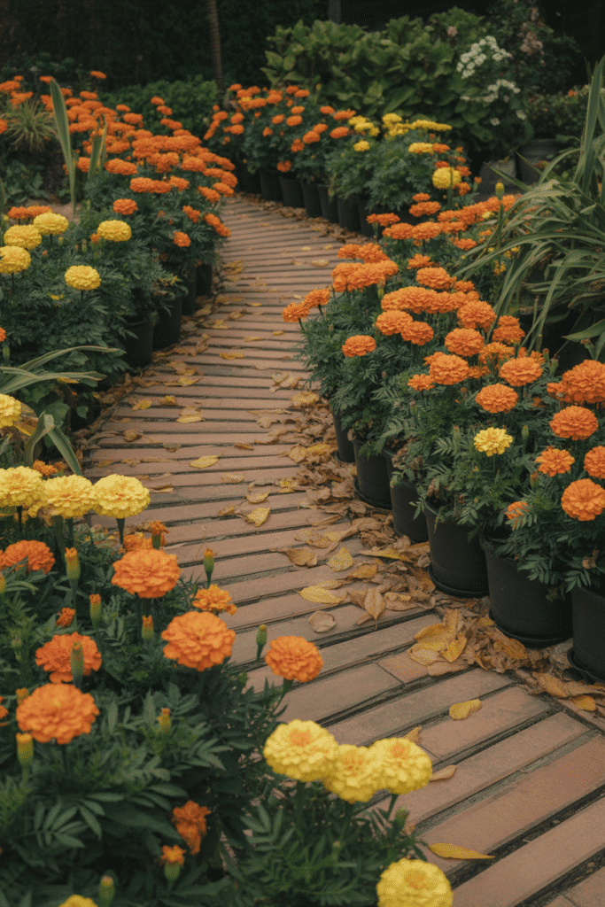 Bright orange and yellow marigolds lining a garden path during fall.

