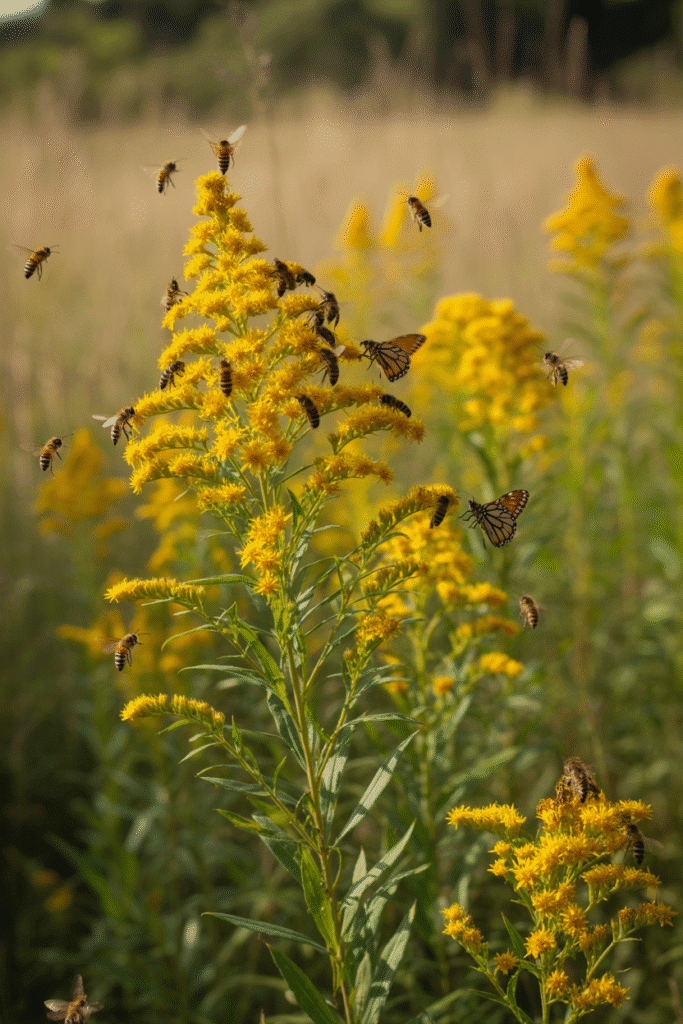 Goldenrod flowers with pollinators buzzing around in the crisp fall air.

