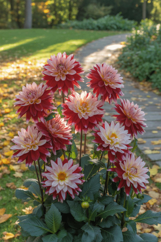 A vibrant mix of dahlias in rich autumn shades blooming in fall.

