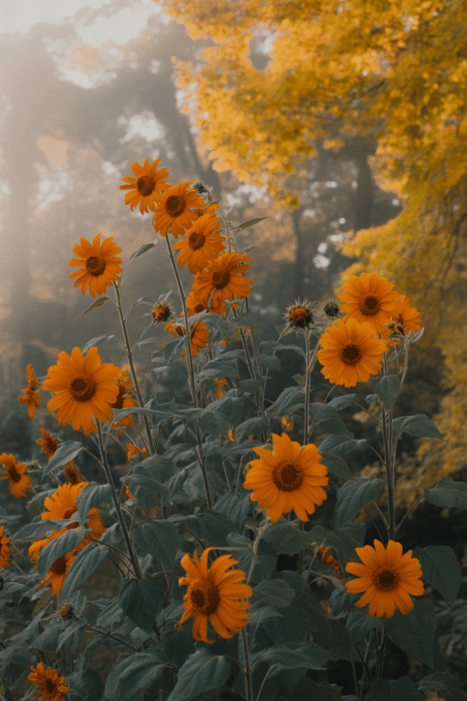 Tall Mexican sunflowers with bright orange blooms shining in the fall sun.

