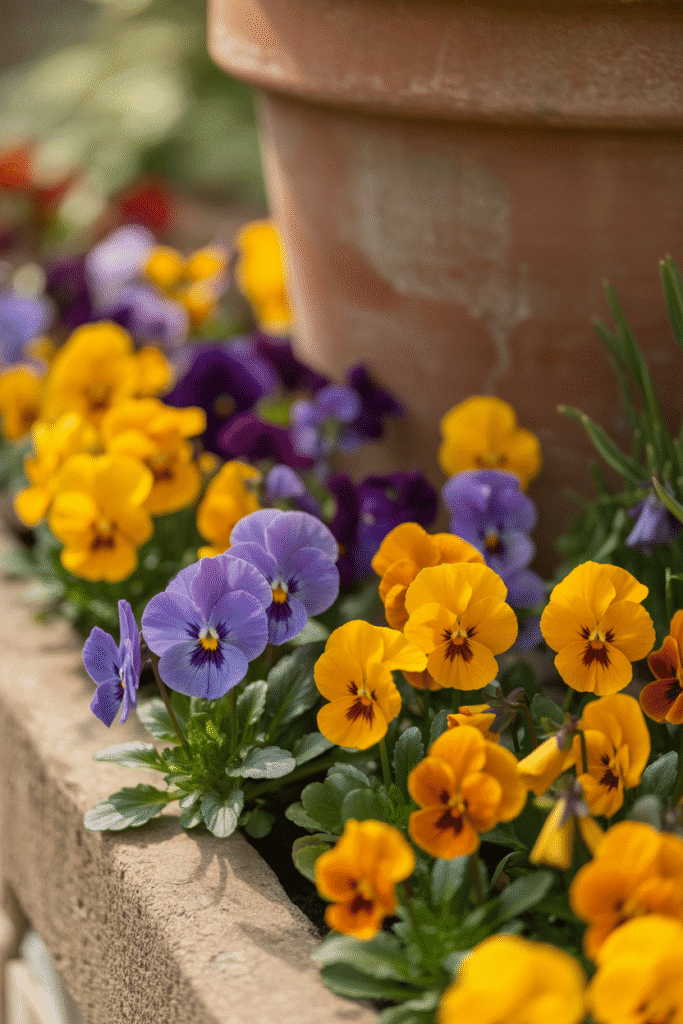 Pansies and violas blooming at the edge of a fall garden bed.

