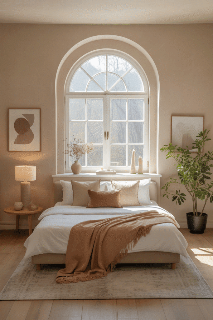 One standout window used as the visual anchor in a softly styled bedroom layout.