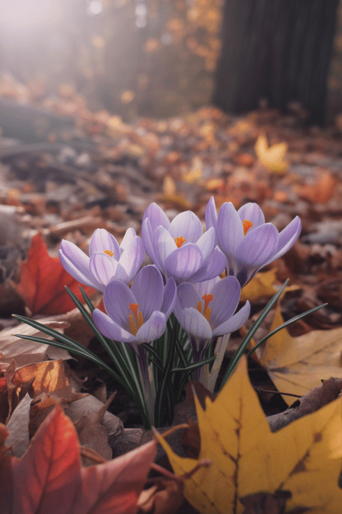 Autumn crocus flowers popping through leaf litter in early fall.

