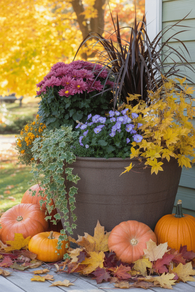 Fall container garden with mixed seasonal flowers near a cozy front porch.

