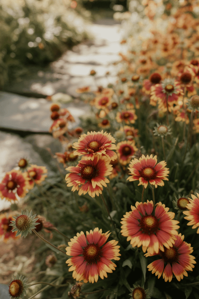 Blanket flowers in rich autumn colors blooming in sunlight.

