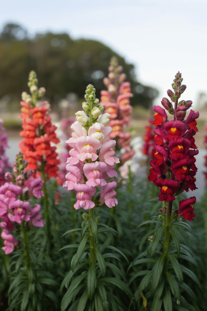 Colorful snapdragons blooming again in early fall weather.

