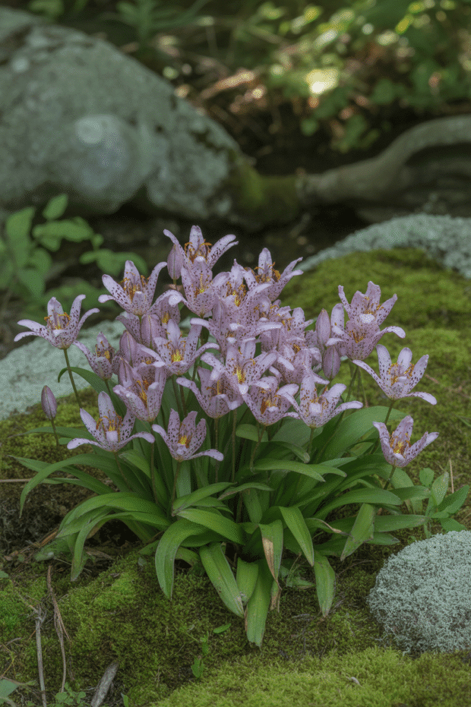 Orchid-like toad lily flowers blooming in the shade during fall.

