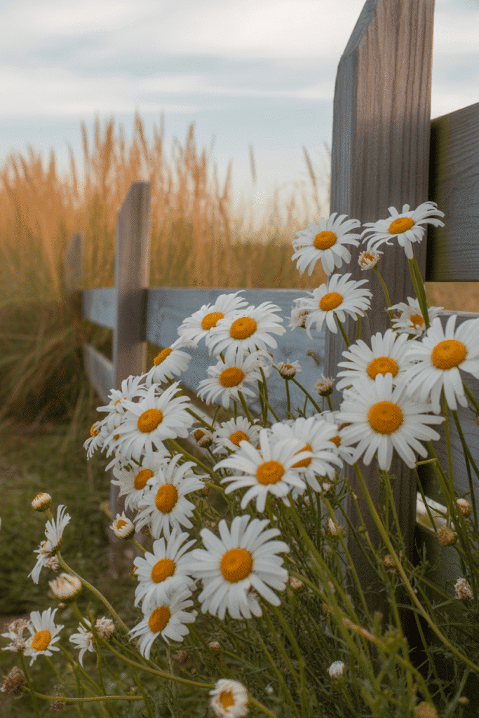 White Montauk daisies blooming late into the fall season.

