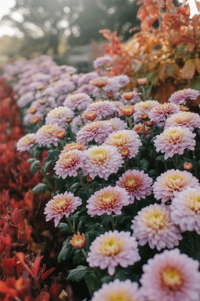 Blush pink chrysanthemums blooming in an autumn garden.

