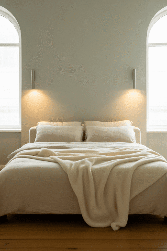 Wall sconces used for bedside lighting in a bedroom with limited space between two windows.